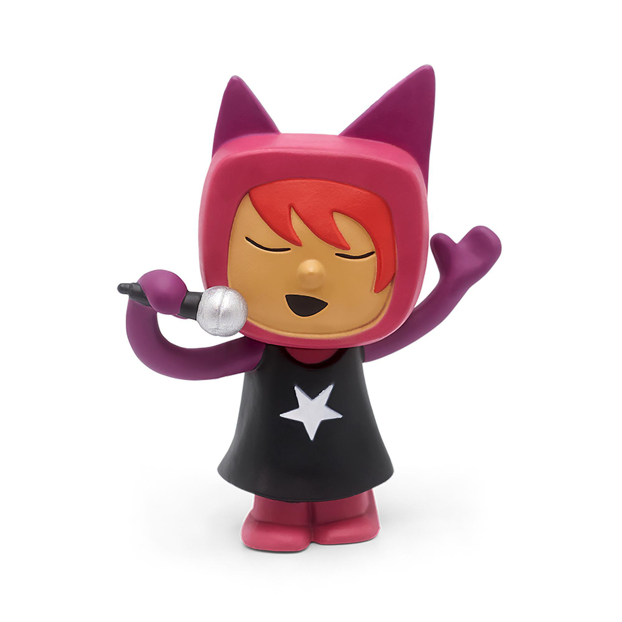 Cartoonfigur singt in ein Mikrofon, trägt Kapuze und ein Sternenkleid.