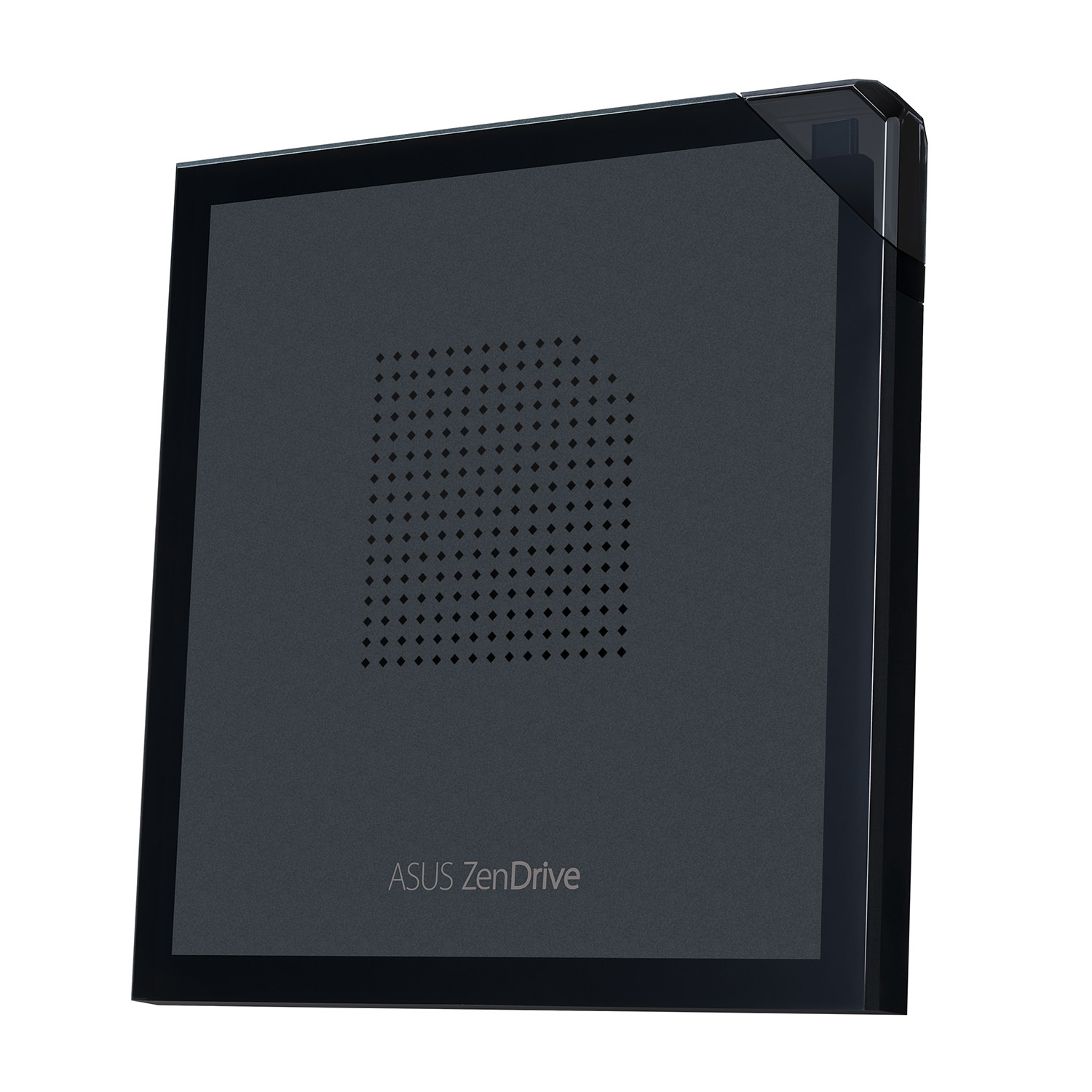 ASUS ZenDrive nero e quadrato. La parte anteriore presenta un motivo di piccoli fori.