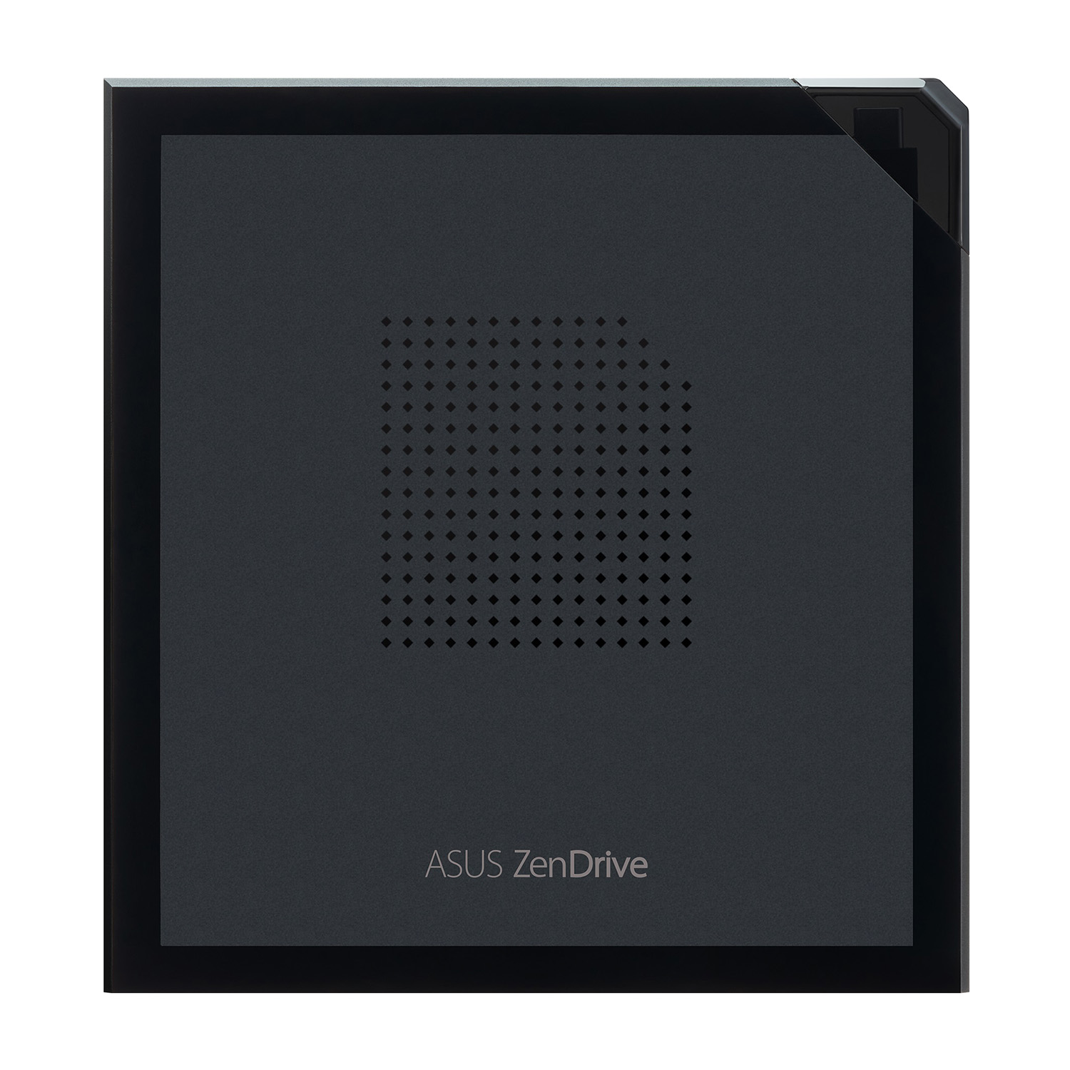 Un ASUS ZenDrive nero con design quadrato e area centrale perforata.