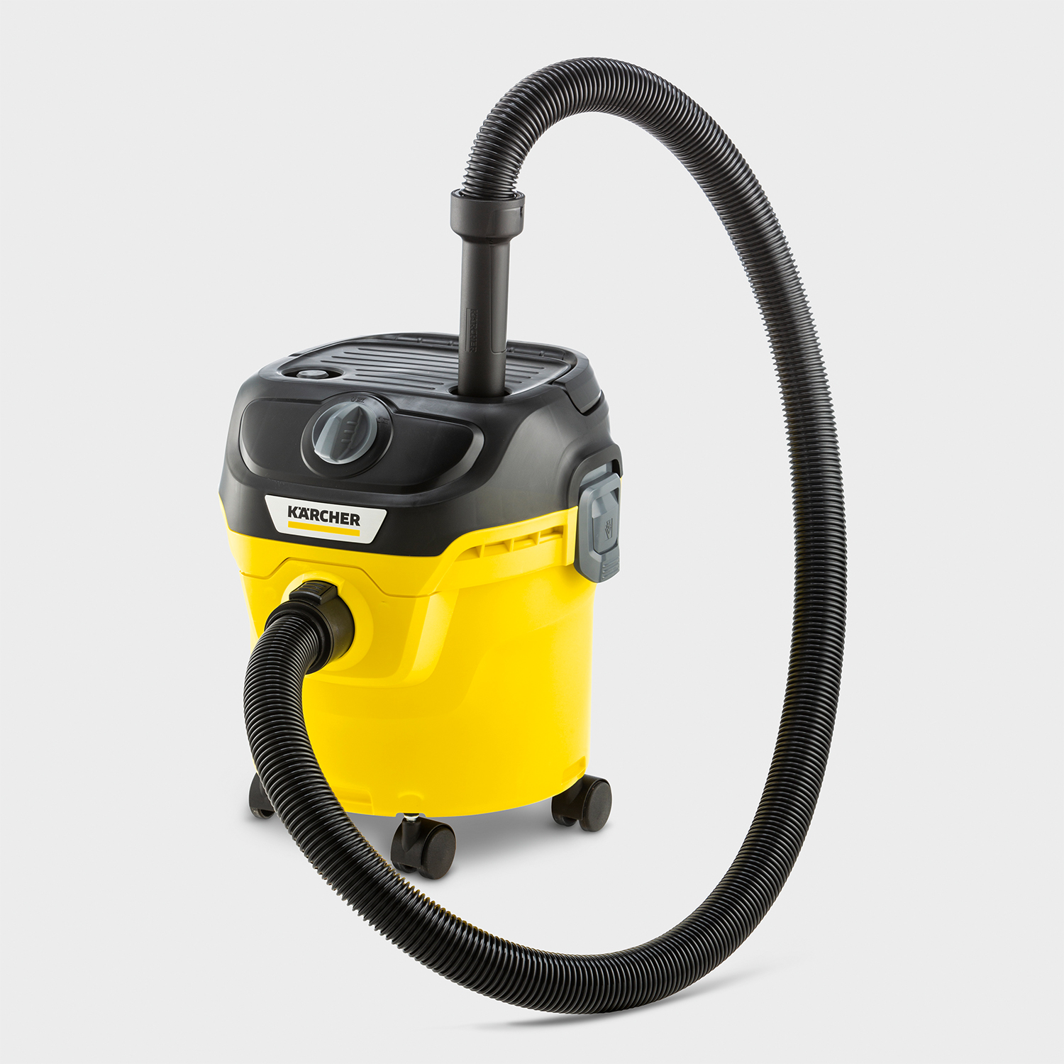 Aspirapolvere Kärcher giallo e nero con tubo flessibile.
