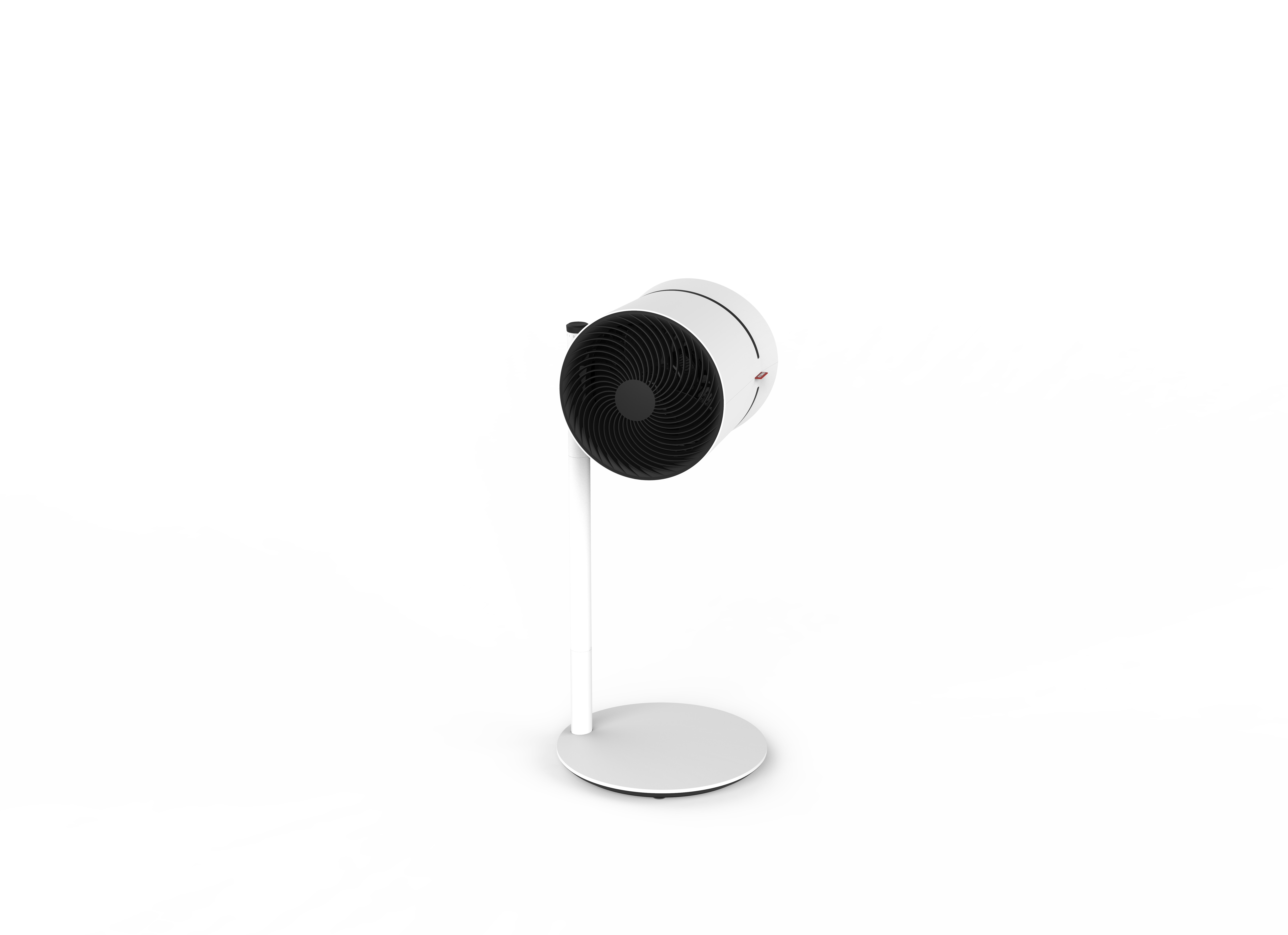 Ein weißer Ventilator mit schwarzem Gitter und weißem Ständer. Der Ventilator hat eine zylindrische Form.