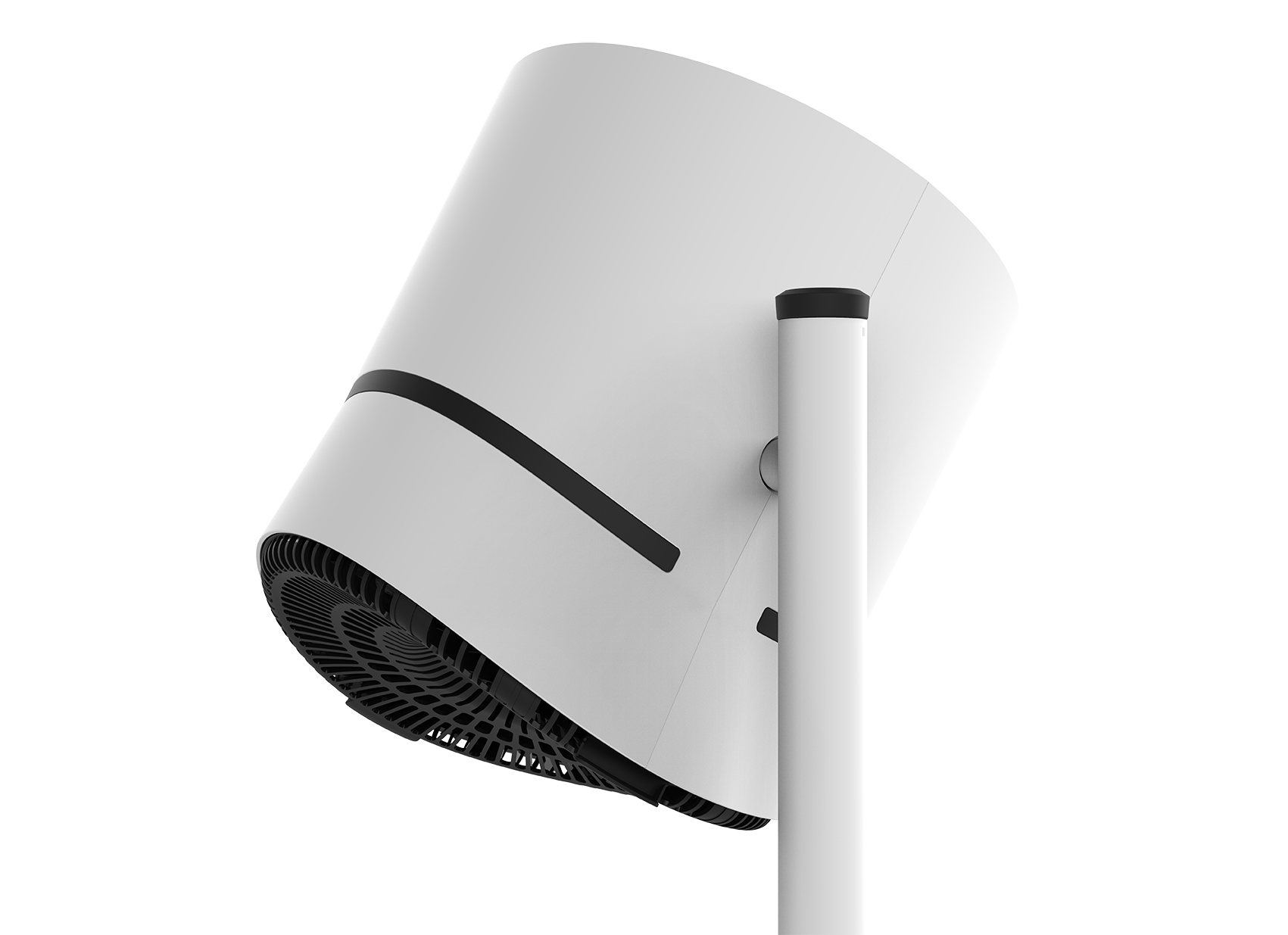 Weißer Ventilator mit schwarzen Details auf weißem Hintergrund. Winkelansicht, zeigt das Design.