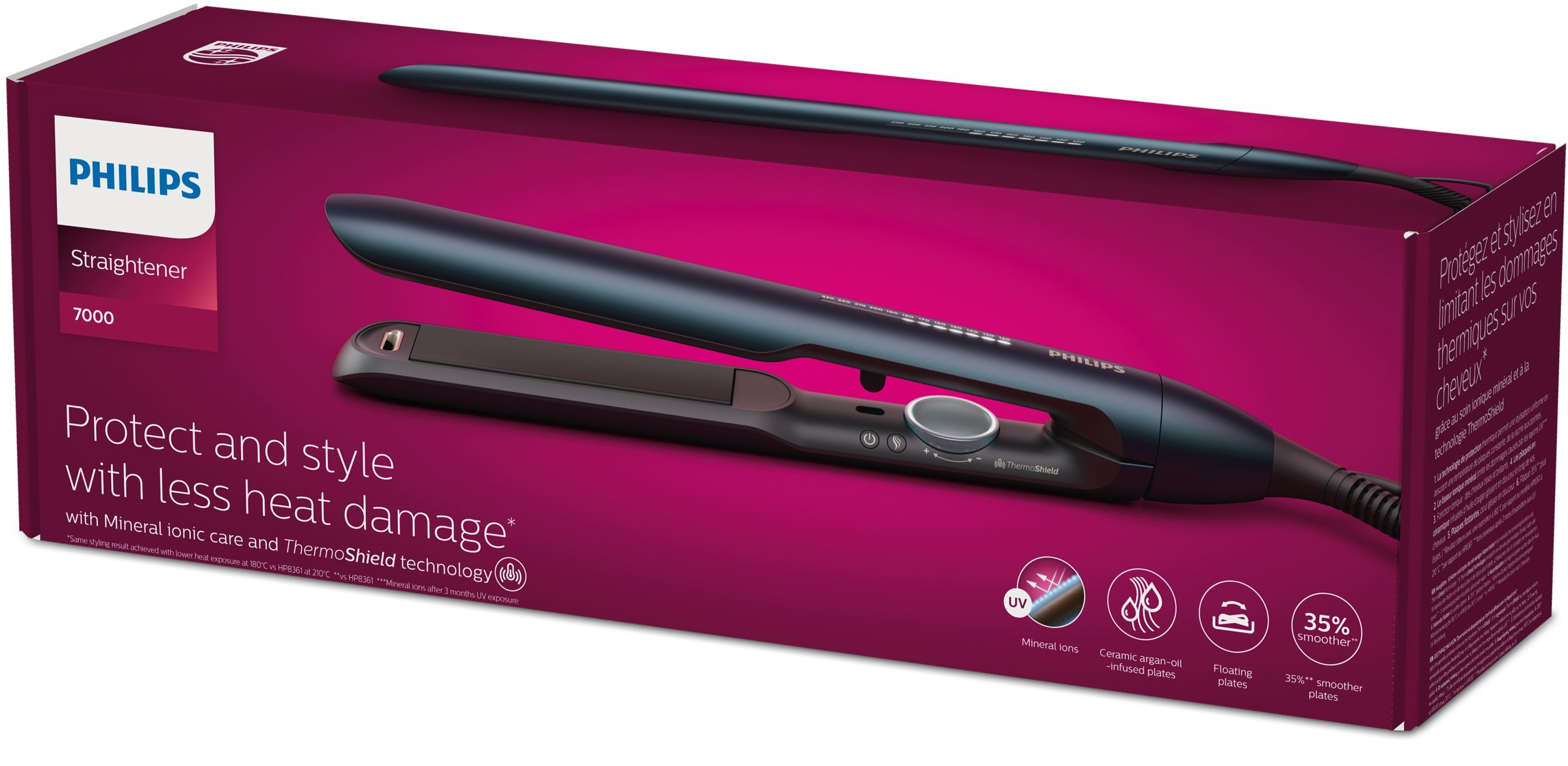 Philips hair straightener box. It has a straightener and details on the front.