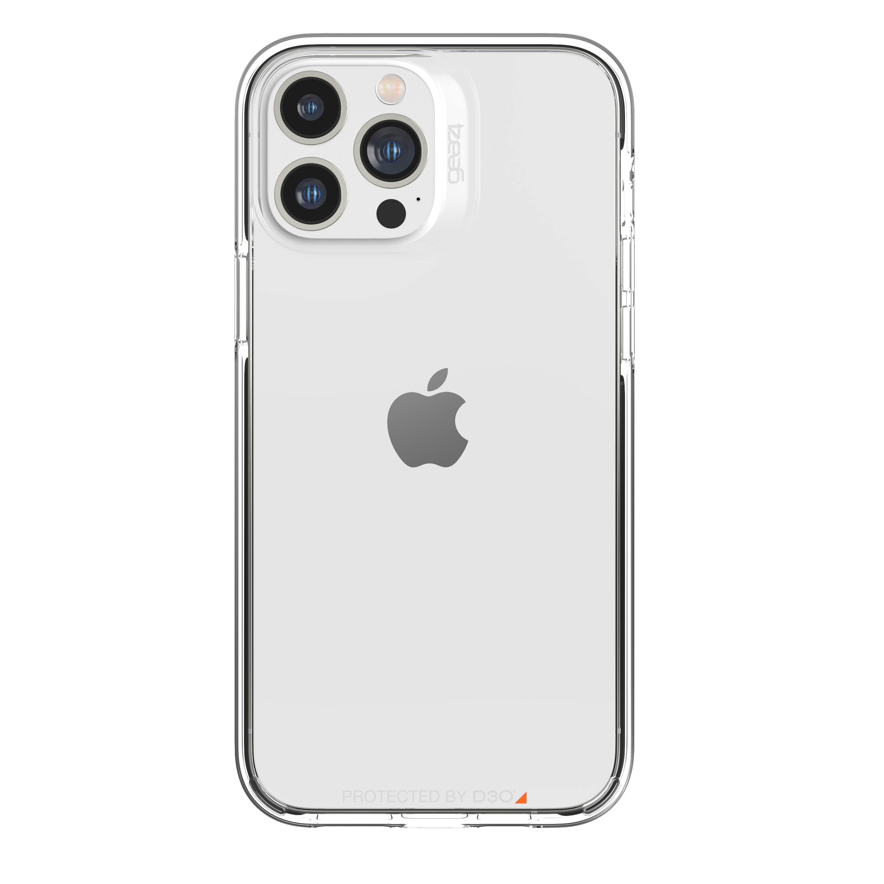 Rückseite eines iPhones mit durchsichtiger Hülle, Apple-Logo und Kamera sichtbar.