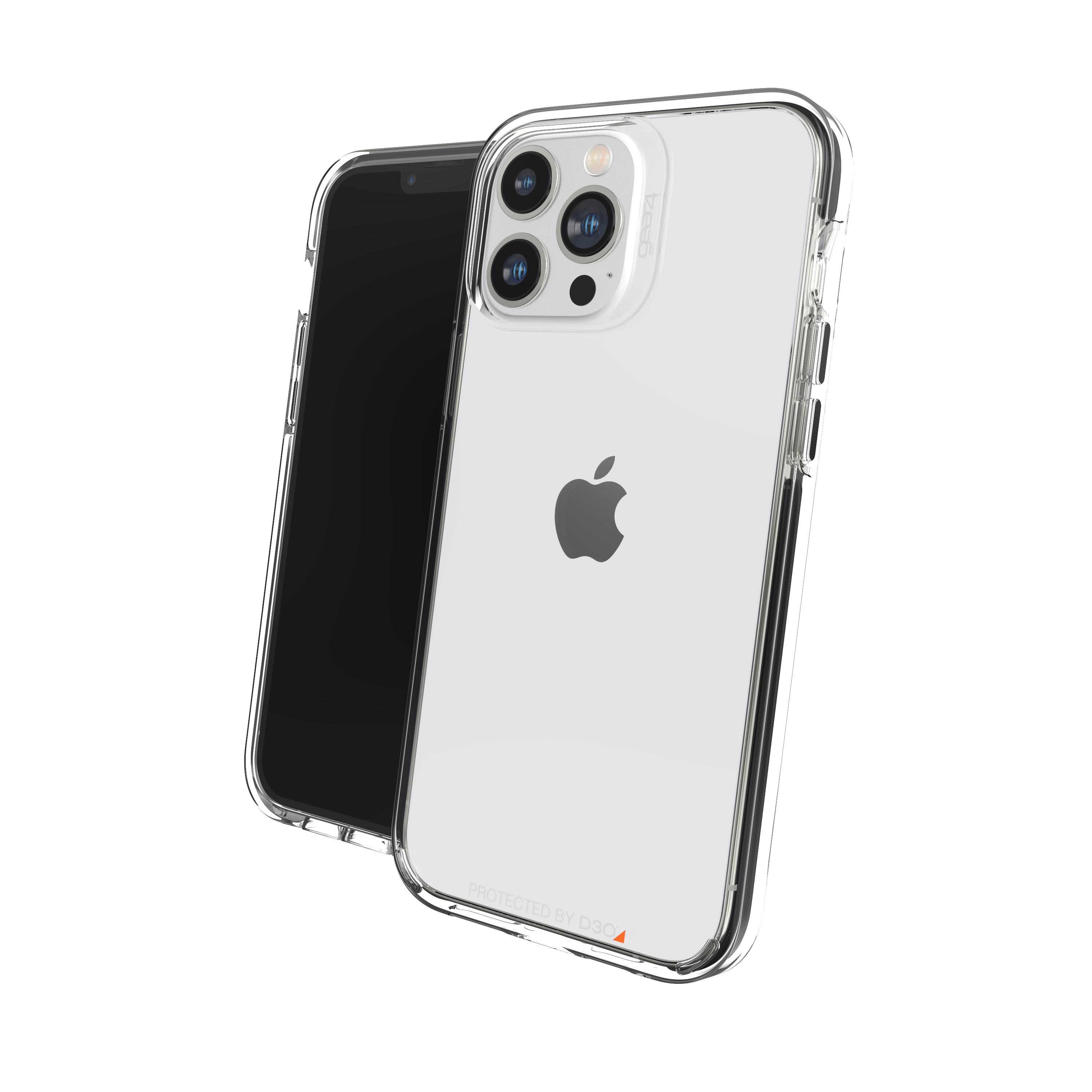 iPhone in einer durchsichtigen Hülle. Die Hülle ist transparent. Das Telefon hat einen schwarzen Bildschirm und Kameras.