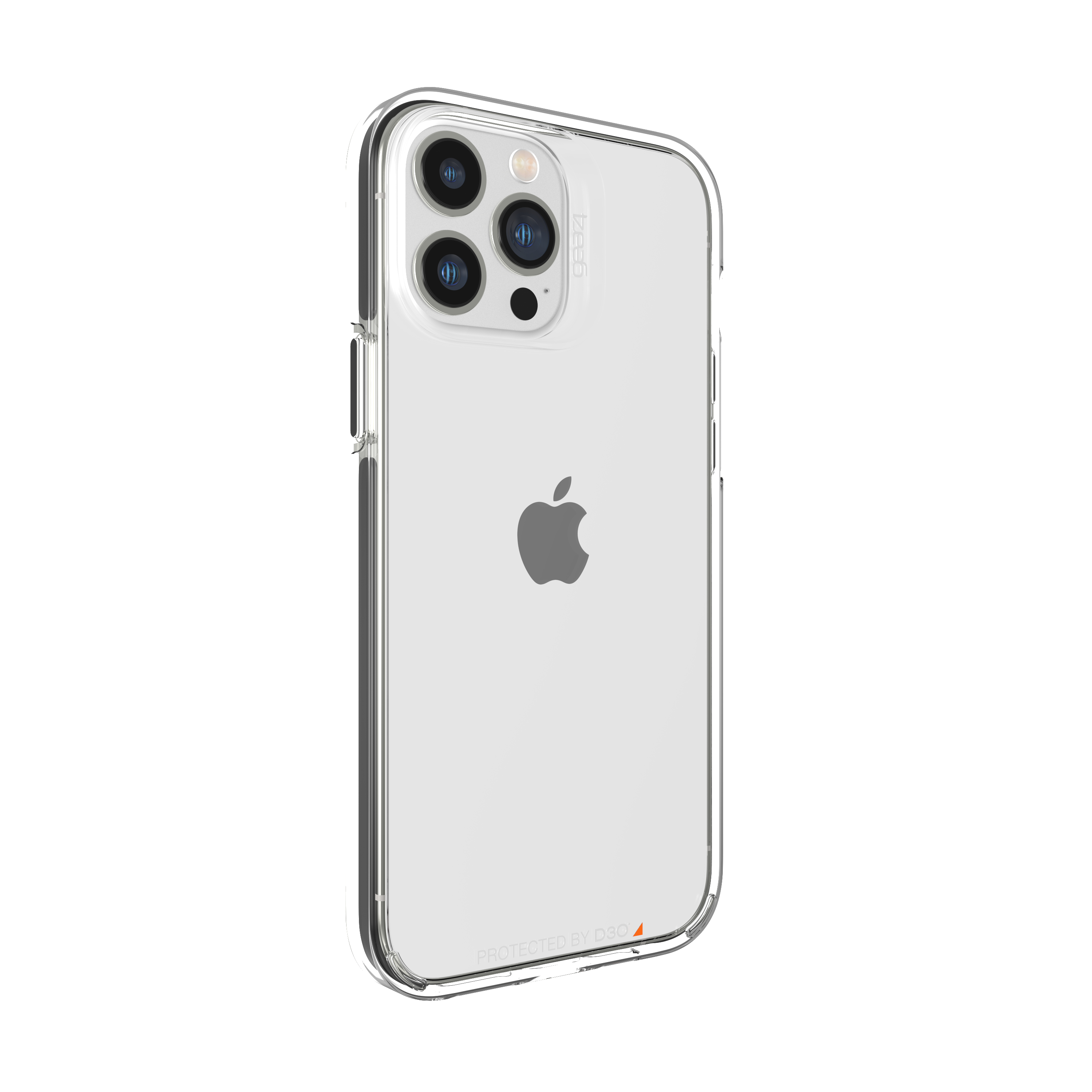 Eine transparente Handyhülle mit einem iPhone darin. Auf der Rückseite sind drei Kameras sichtbar.