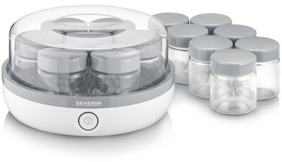 Witte en grijze babyvoedingmaker met potjes. De potjes zijn transparant.