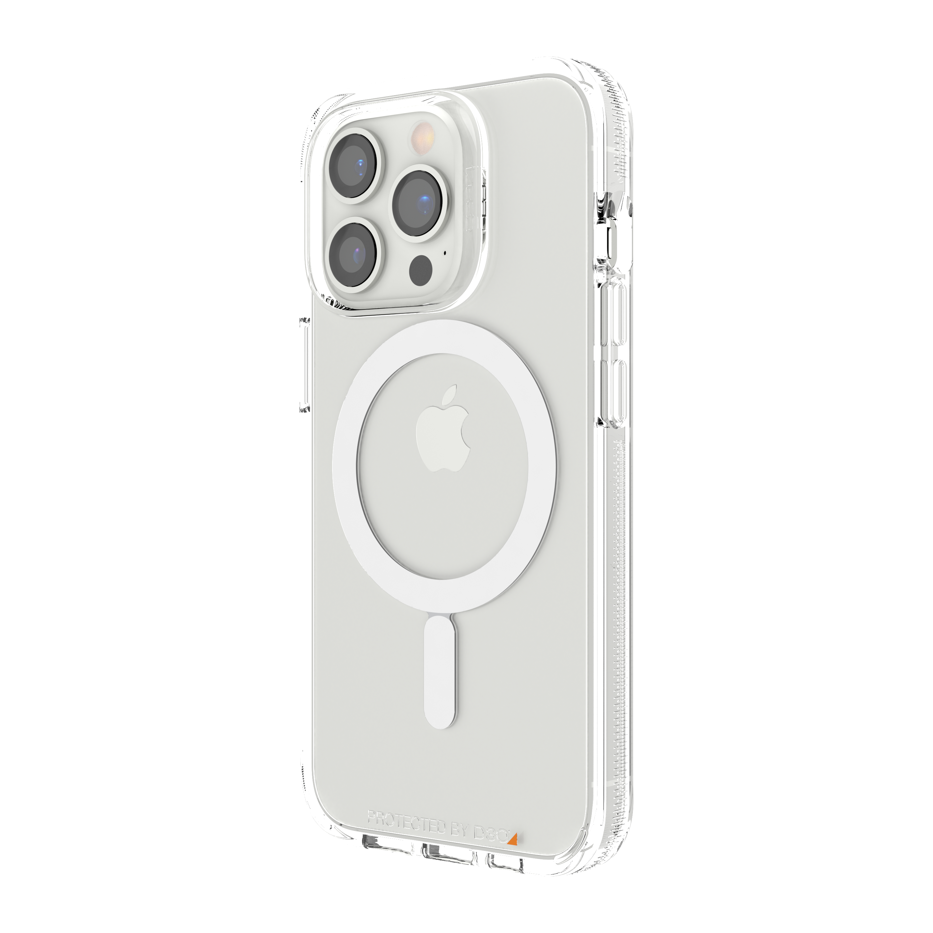 Transparente Handyhülle mit weißem Kreis und Telefon darin auf weißem Grund.