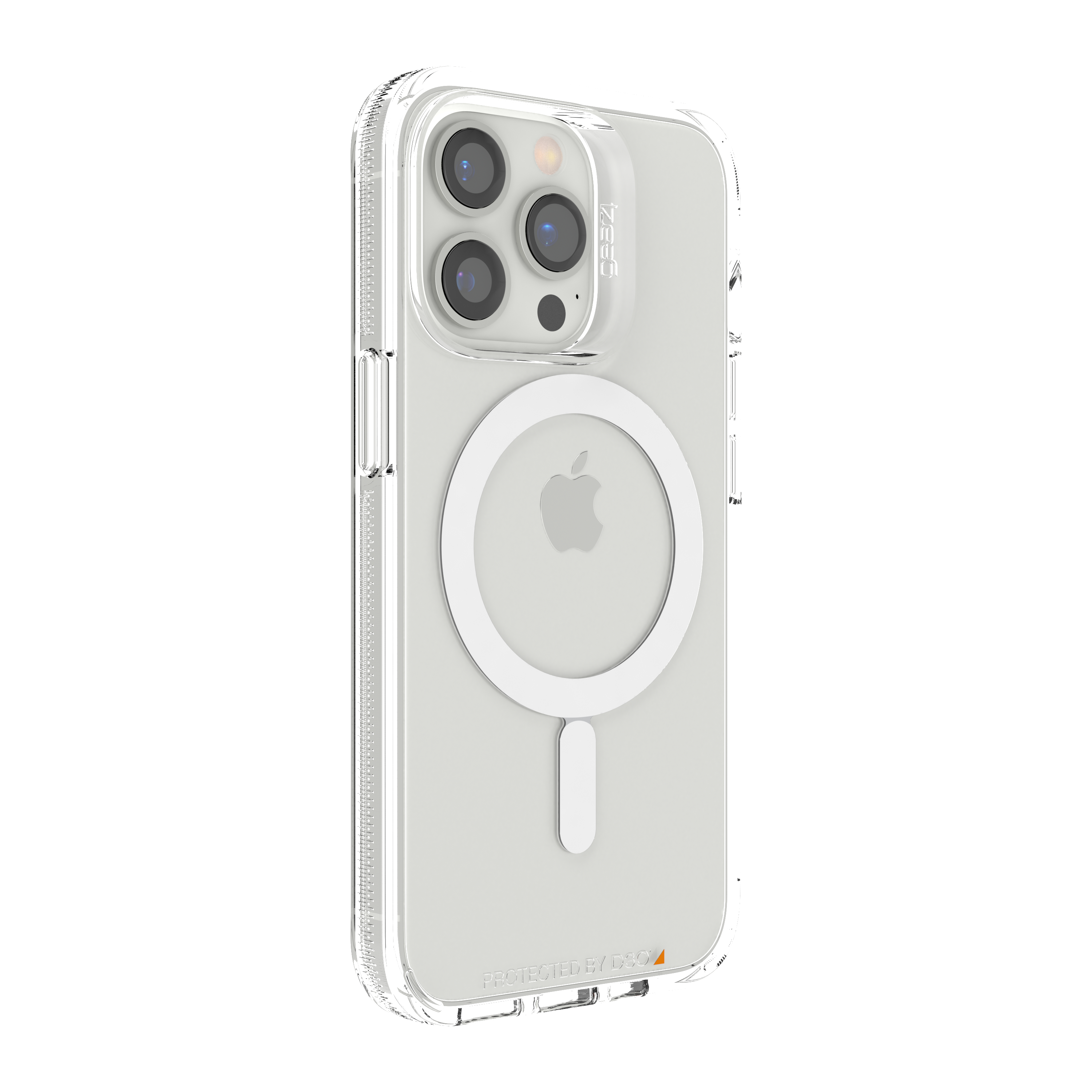 Eine transparente Handyhülle mit Apple-Logo und drei Kameralinsen sichtbar.