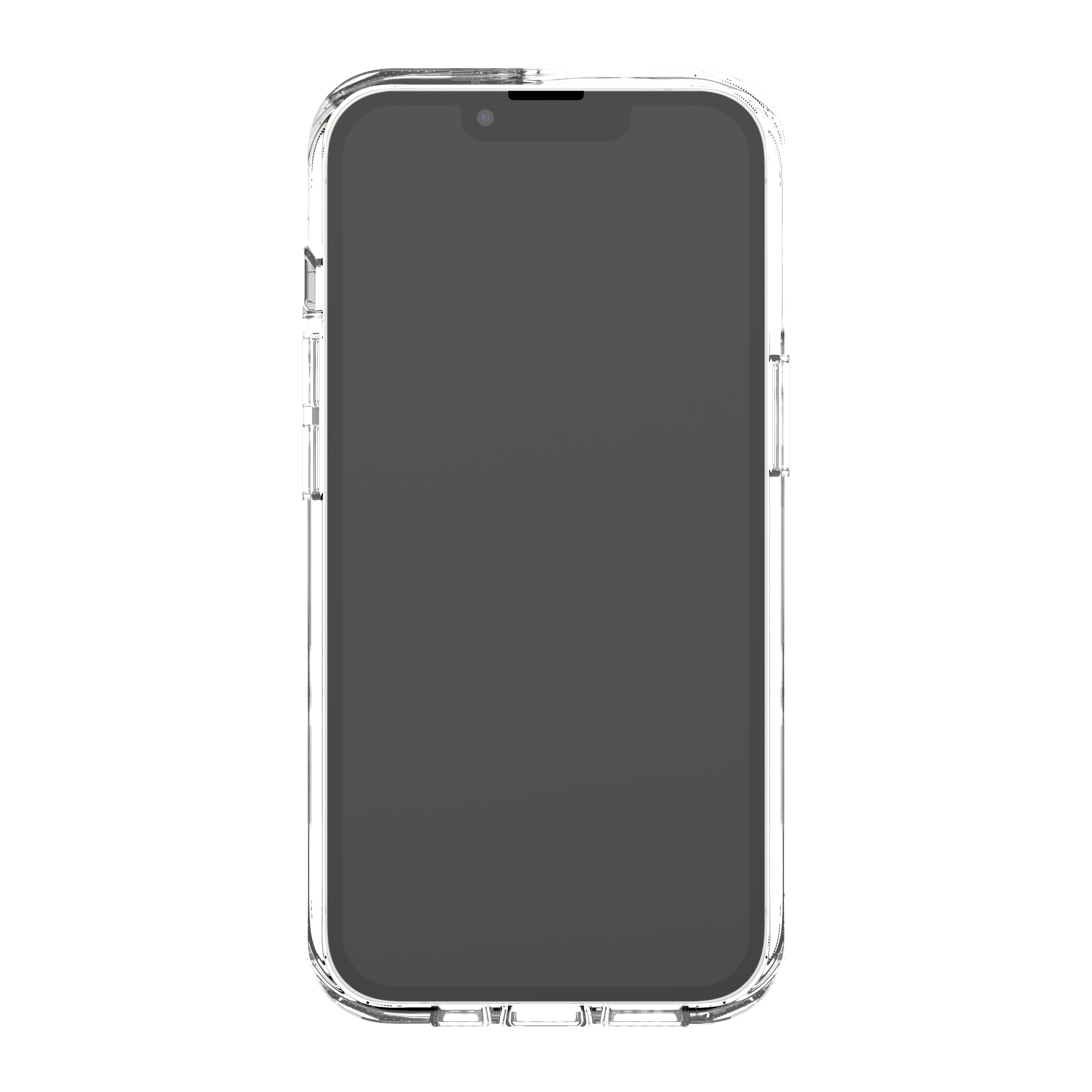 Smartphone in einer transparenten Hülle. Der Bildschirm ist schwarz. Die Hülle ist durchsichtig.
