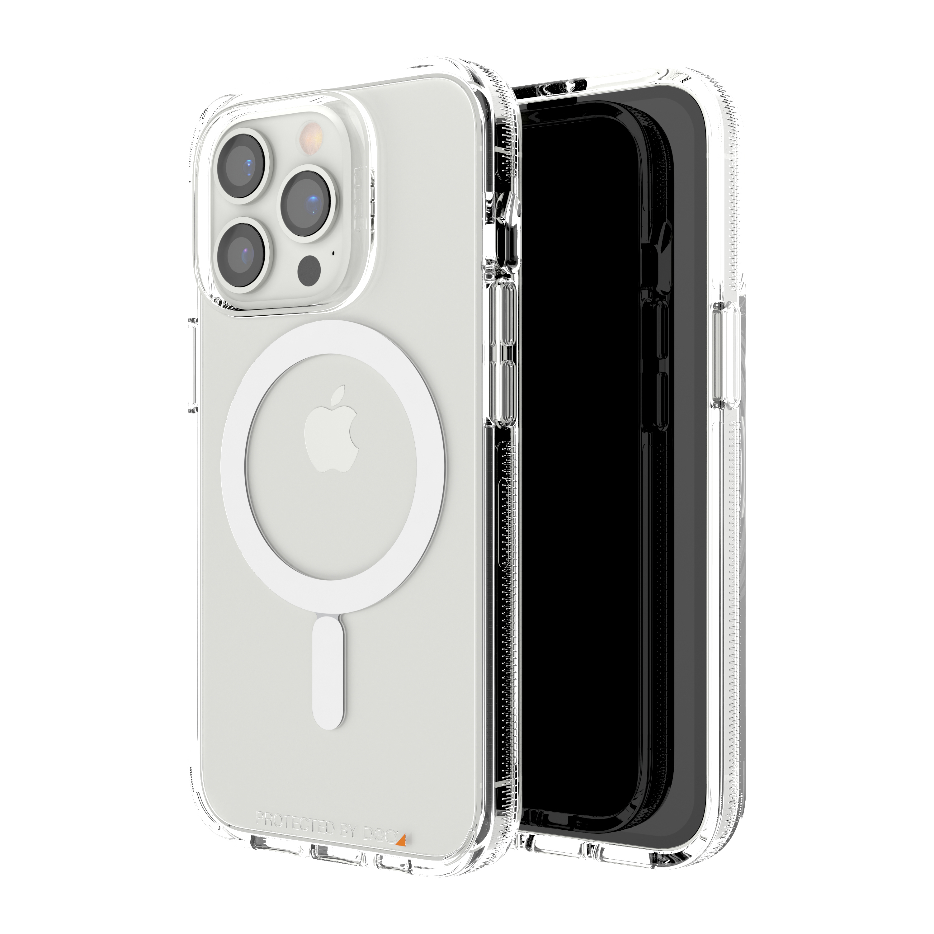 Transparente Handyhülle mit weißem Magnetring und Apple-Logo auf weißem Hintergrund.