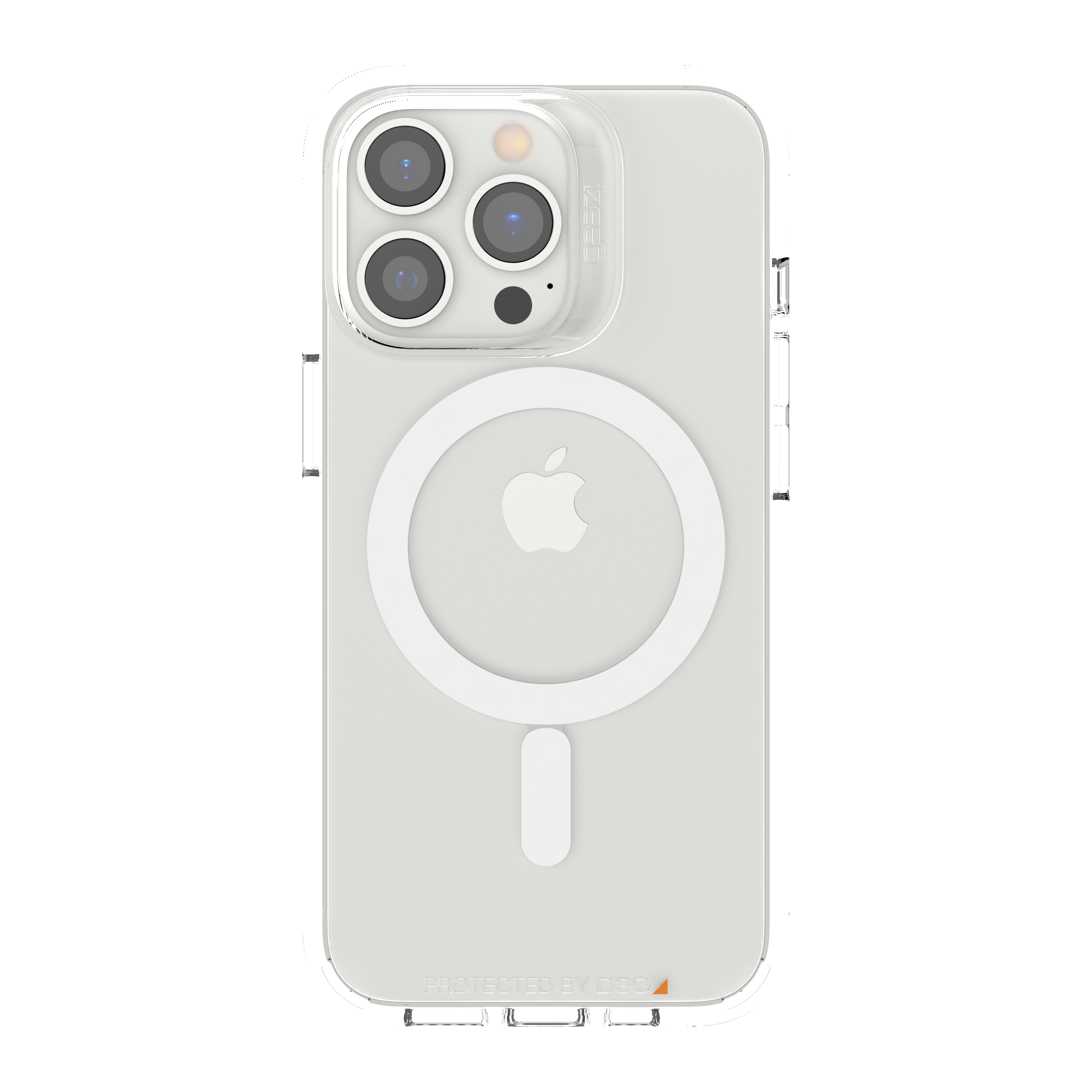 iPhone-Hülle, transparent, mit weißem MagSafe-Ring und Apple-Logo, Telefonrückseite sichtbar.