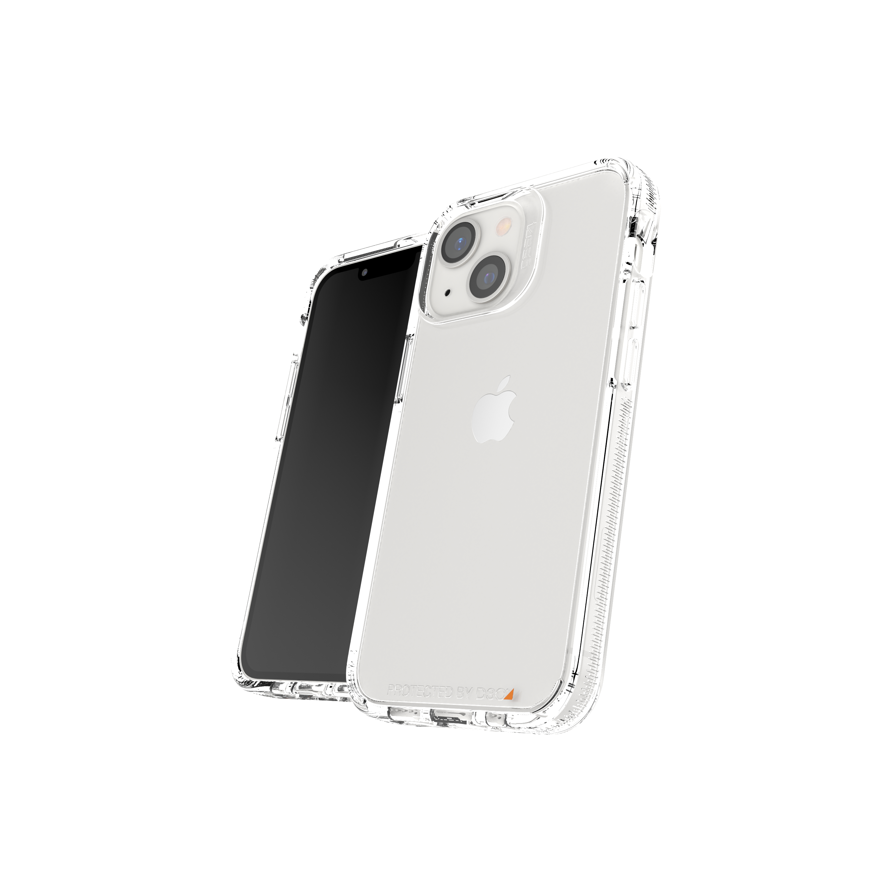 Transparente iPhone-Hülle mit iPhone darin. Das Telefon befindet sich links mit der Schutzhülle.