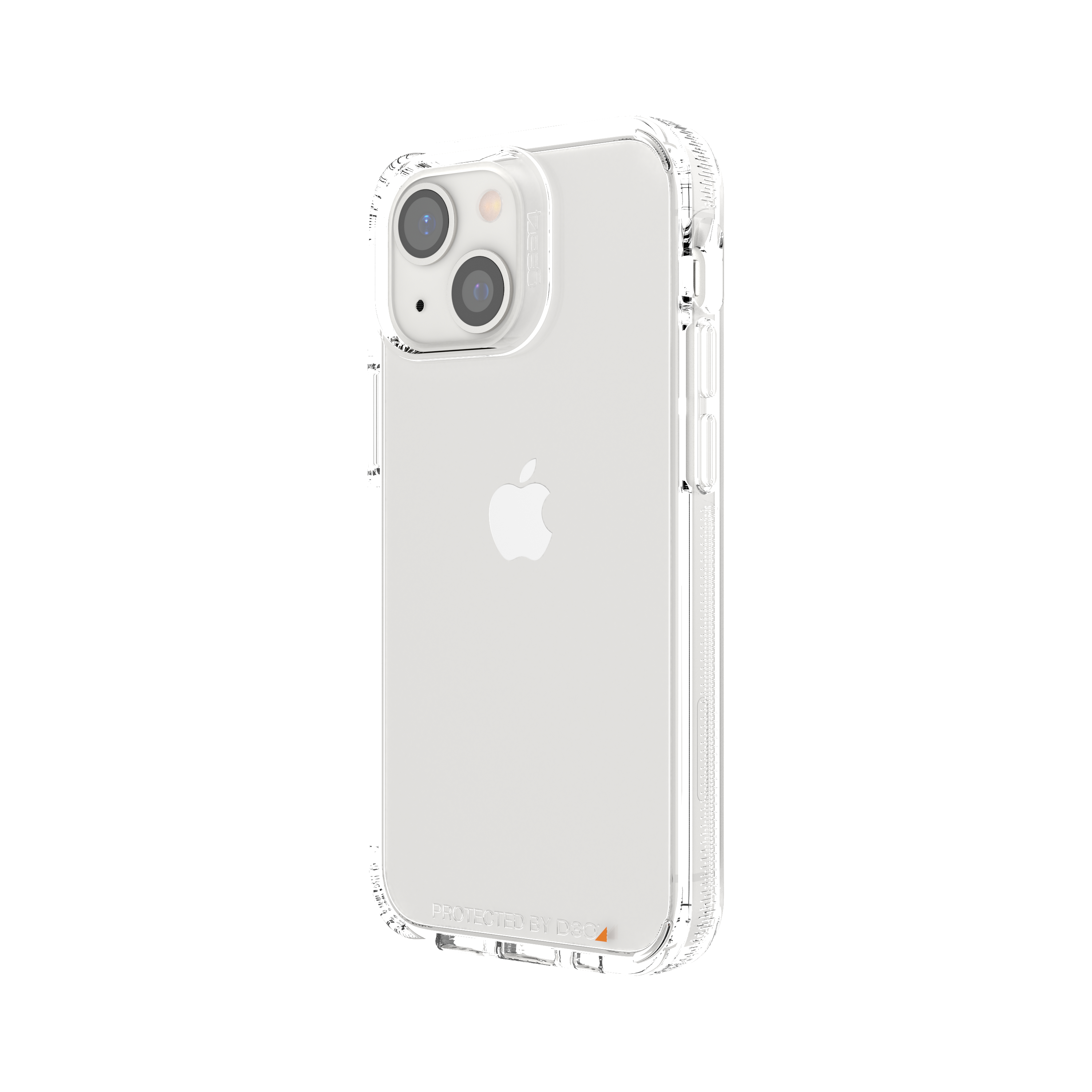 Rückseite eines iPhones in einer transparenten Hülle. Die Hülle hat Schutzkanten.