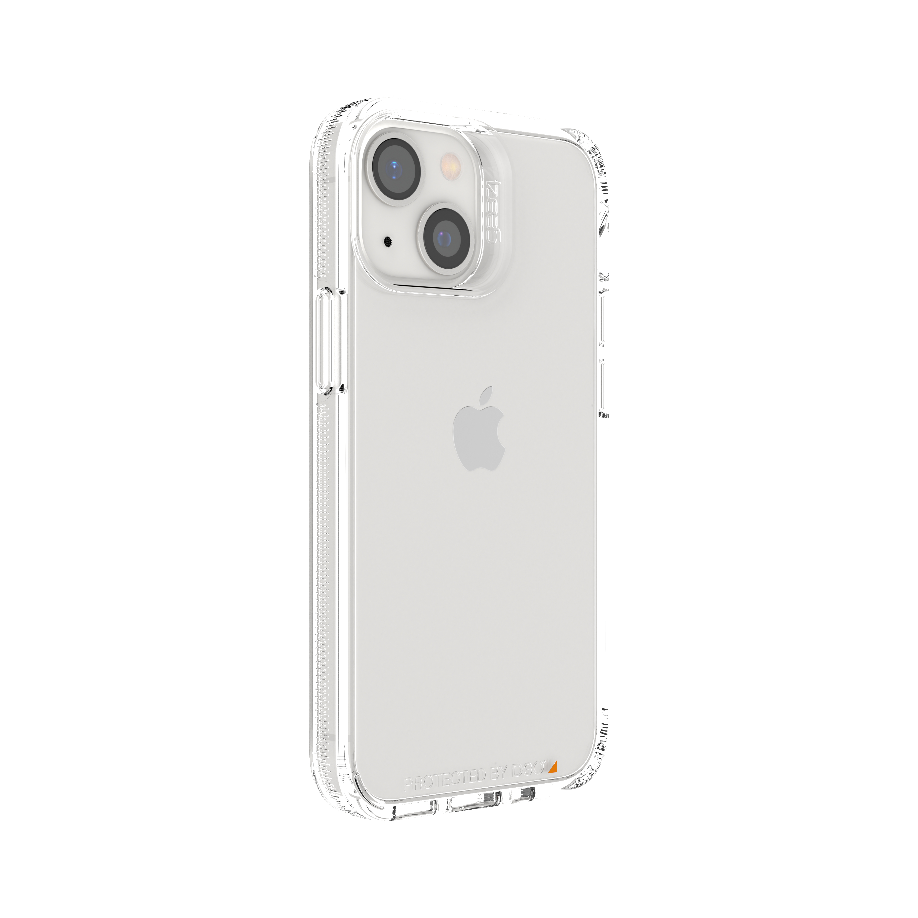 Transparente Handyhülle mit Kameraerhöhung und weißem Kreismagneten. Apple-Logo.