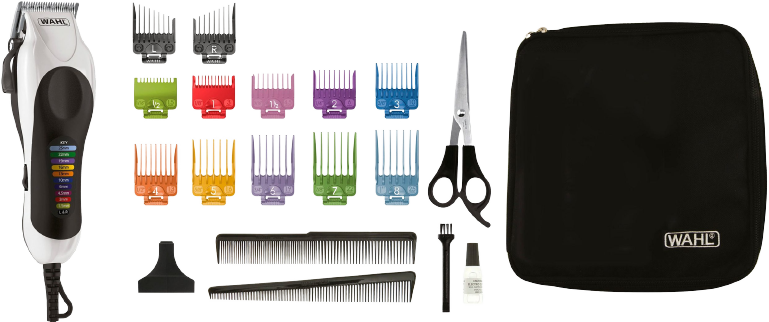 Tondeuse à cheveux, divers peignes, ciseaux et une trousse. Tous les articles sont pour couper les cheveux.