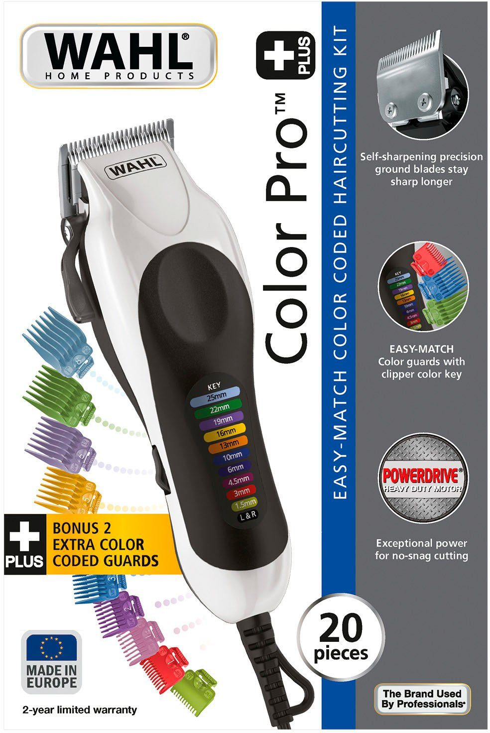 Kit de tondeuse Wahl. Tondeuse, guides à code couleur, guides bonus et instructions.