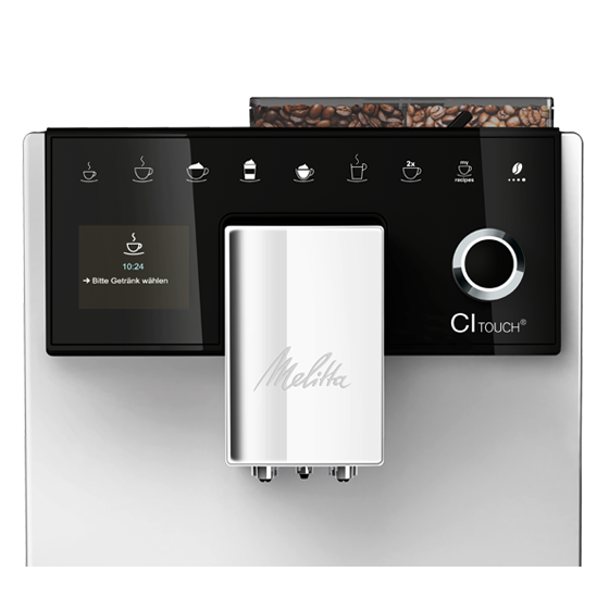 Eine Kaffeemaschine mit einem Bildschirm, der eine Getränkeauswahl zeigt. Die Marke ist Melitta.
