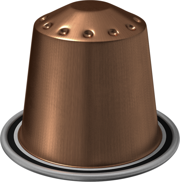 Coffee capsule on black surface. Copper color and rounded shape. Black background.