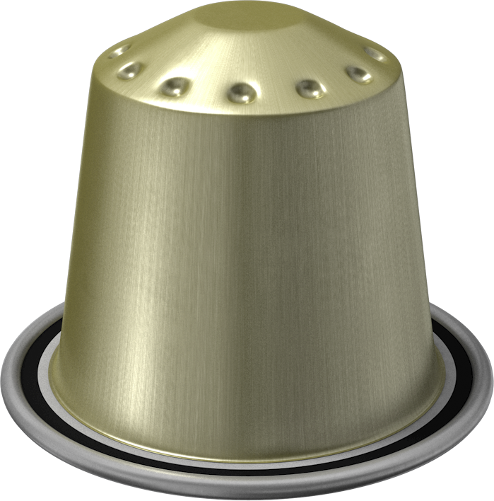 Gold-colored coffee capsule with holes on the top, set on a white and grey ring.