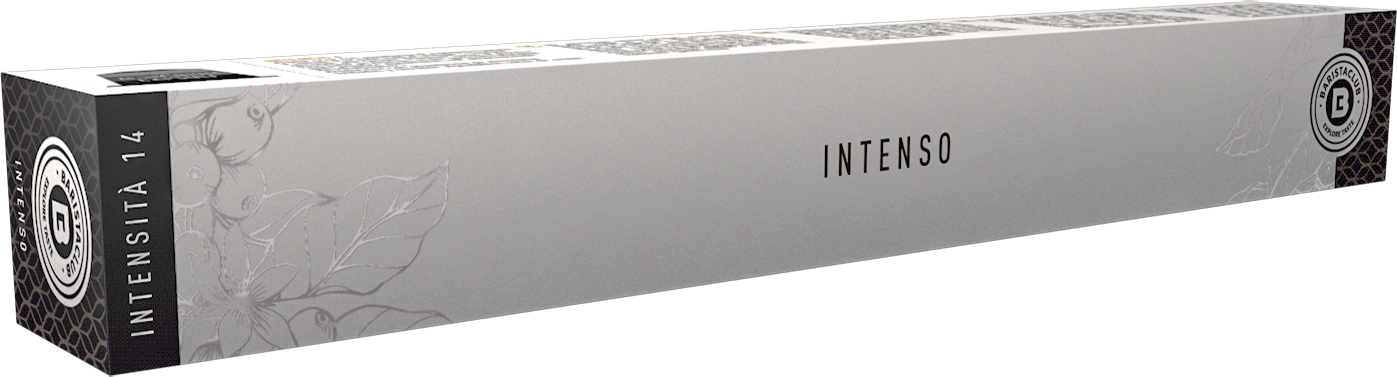 A long silver box of coffee capsules. The box is labeled INTENSO and has a black label.
