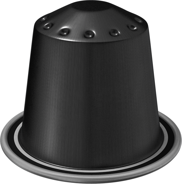 Black coffee capsule on a dark surface. The capsule is metallic with a round base.