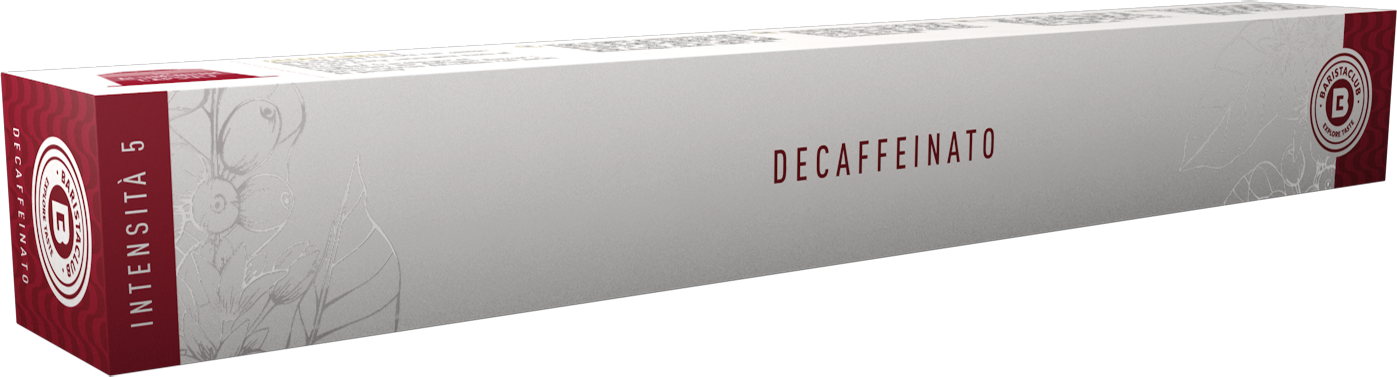 Decaffeinated coffee capsule box. The box is long and has a red stripe on the left.