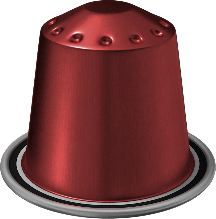 Red Nespresso coffee capsule on a black background.