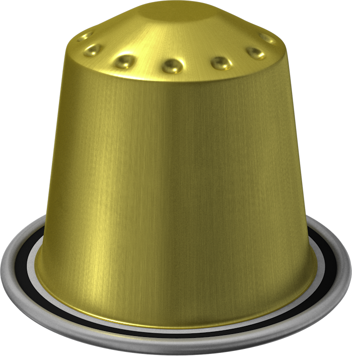 Gold coffee capsule on a black background. It has a gold metallic finish.