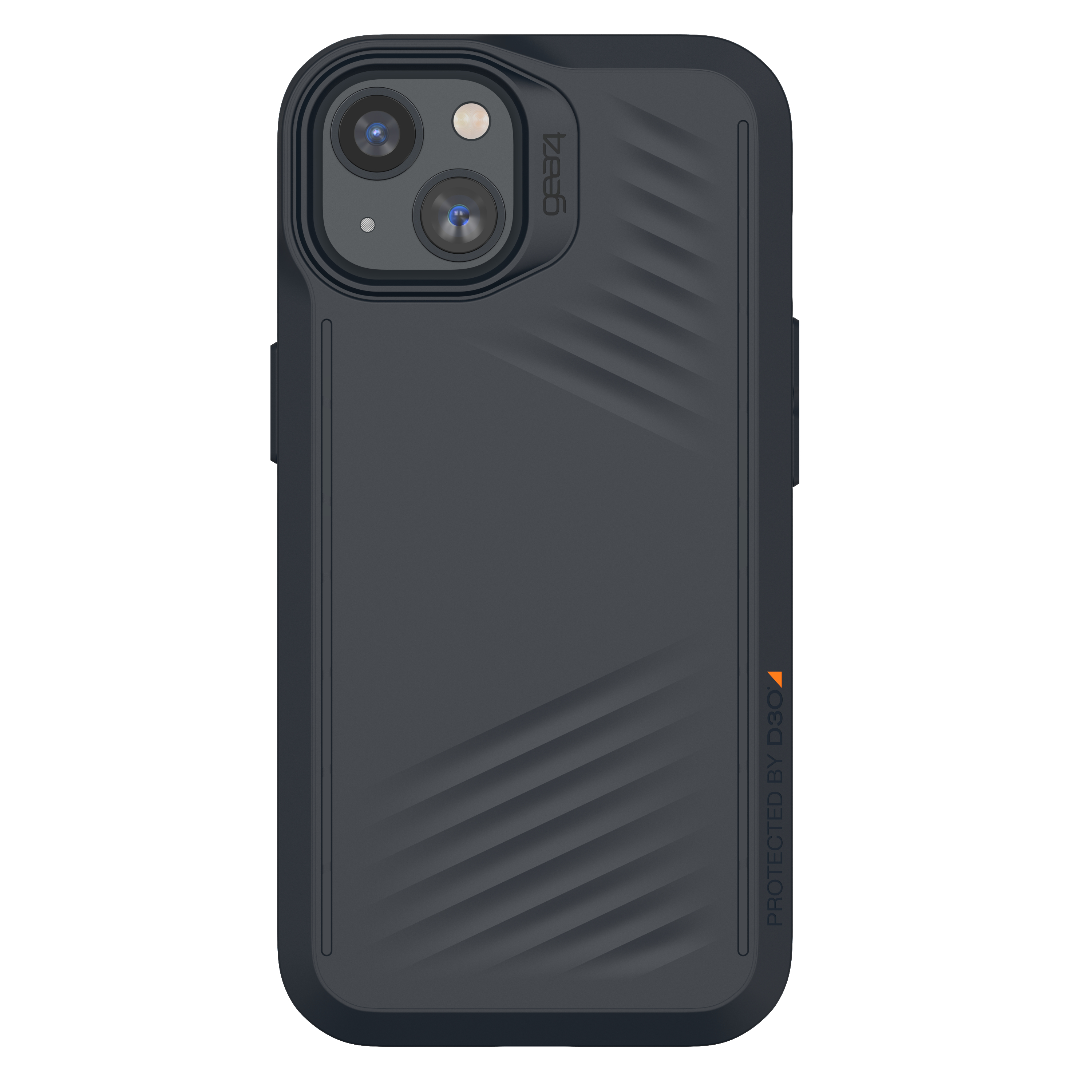 Schwarze Handyhülle mit zwei Kameralinsen. Hat eine strukturierte Rückseite und orangefarbenen Text 'Protected by D3O'.
