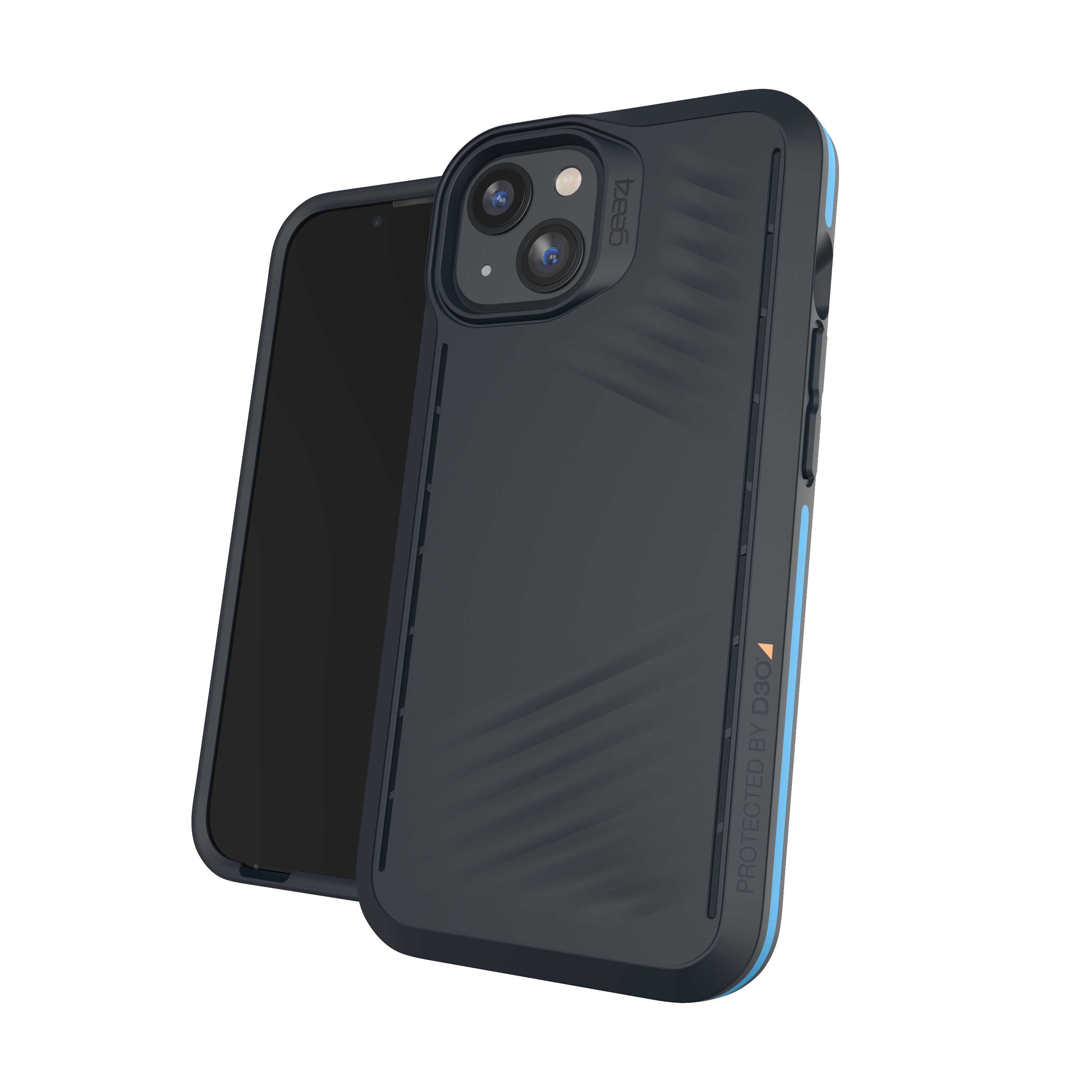 Schwarze und blaue Handyhülle, die ein Telefon schützt und Kamera und Bildschirm zeigt.
