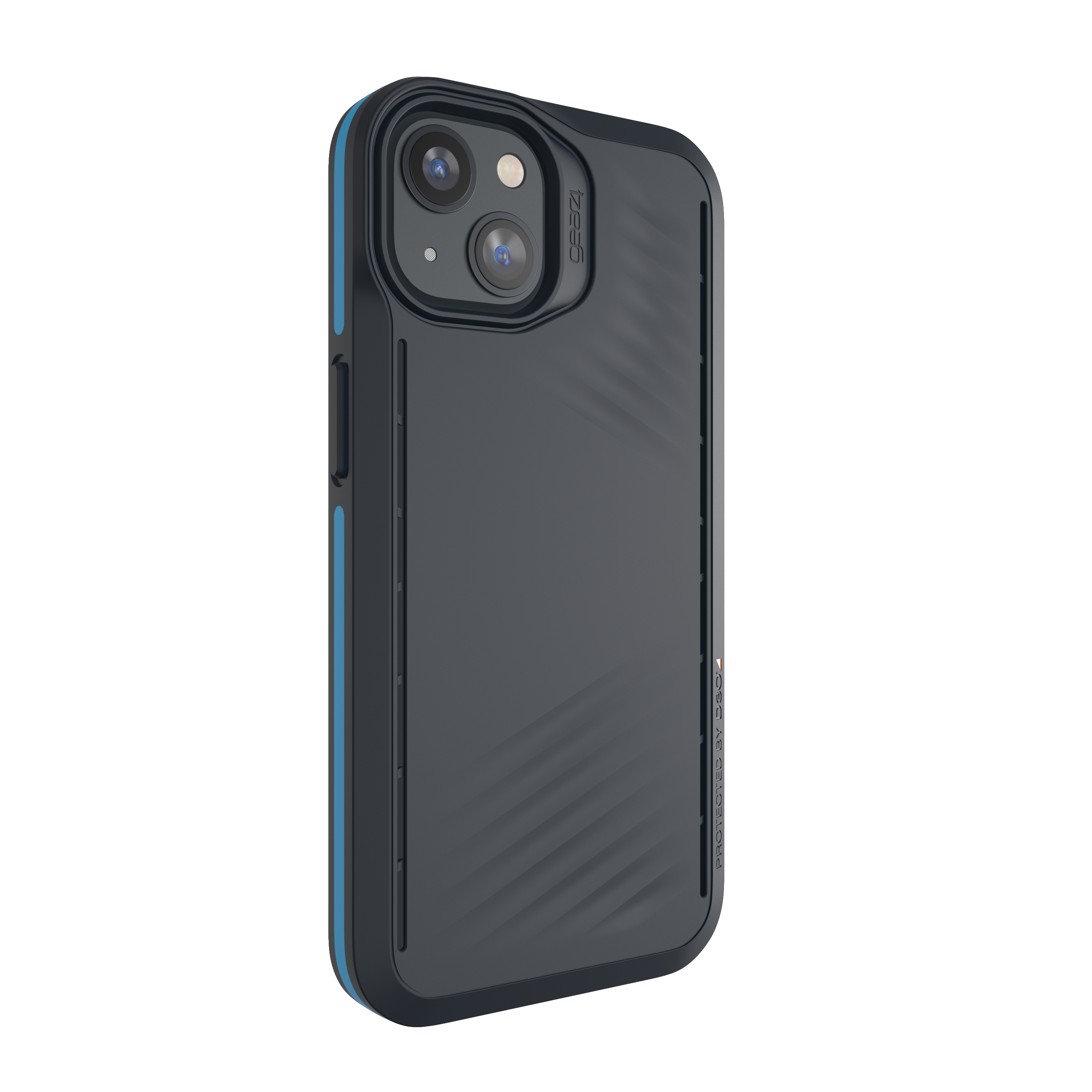Smartphone in Schutzhülle, blaue Akzente, Dual-Kamera und dunkelgrauer Korpus.