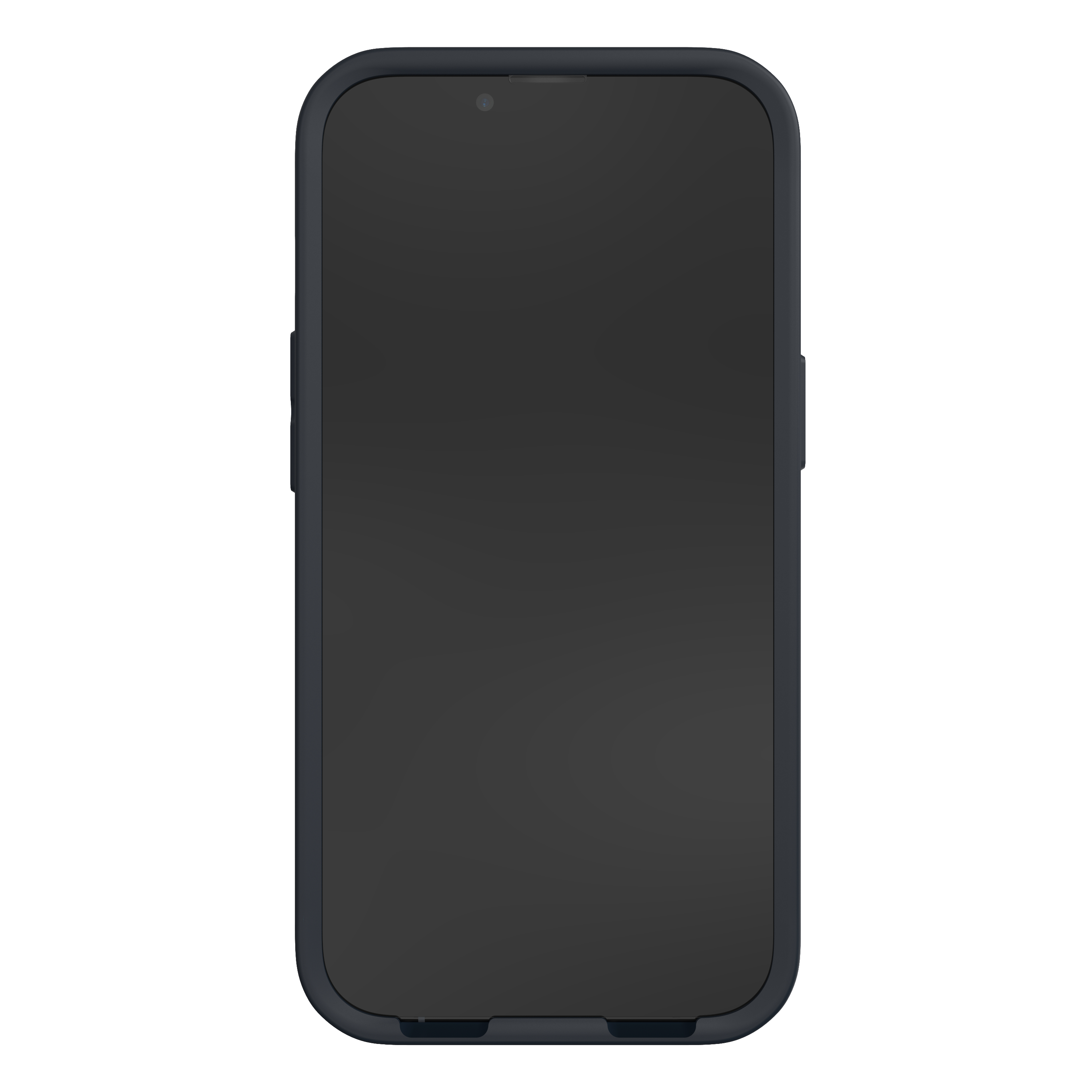 Schwarzes Smartphone mit dunklem Bildschirm, in schwarzem Gehäuse. Die Kamera ist oben sichtbar.