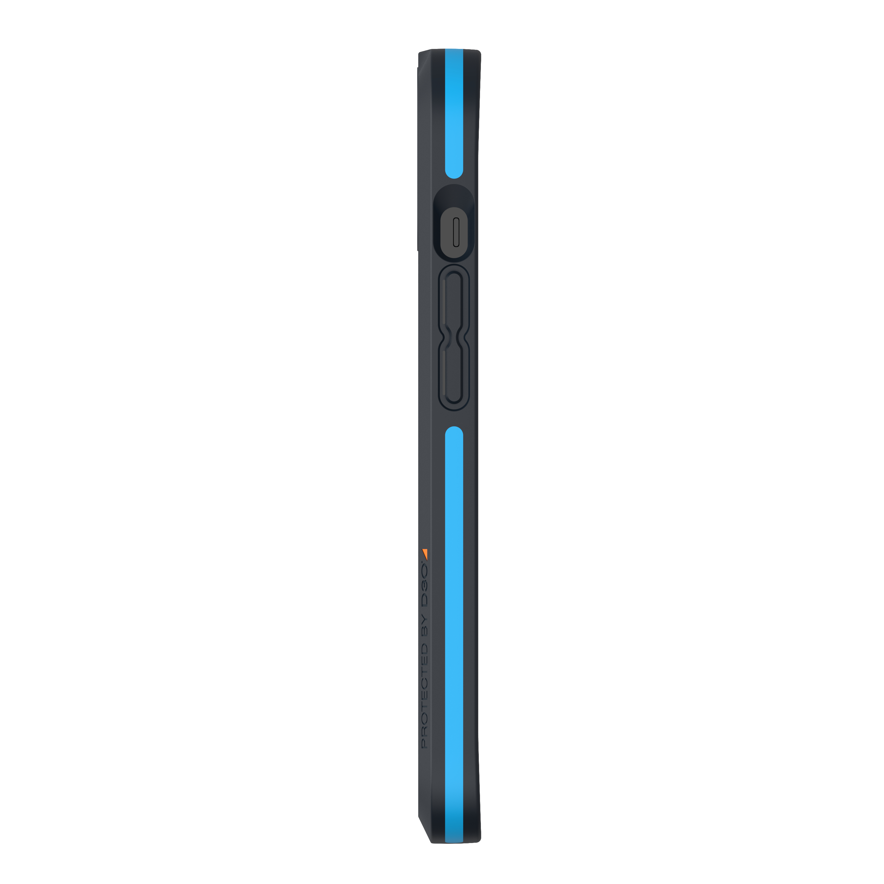 Schwarze Handyhülle mit blauen Streifen an der Seite, mit Knöpfen und Markennamen.