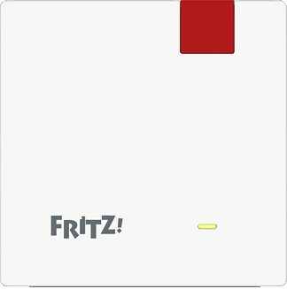 Un fond blanc avec un carré rouge et un petit rectangle jaune. Le mot FRITZ! est dessus.