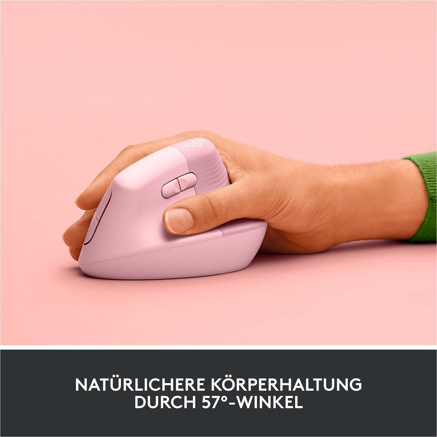 Eine pinkfarbene ergonomische Maus wird benutzt. Der Text zeigt den Winkel.