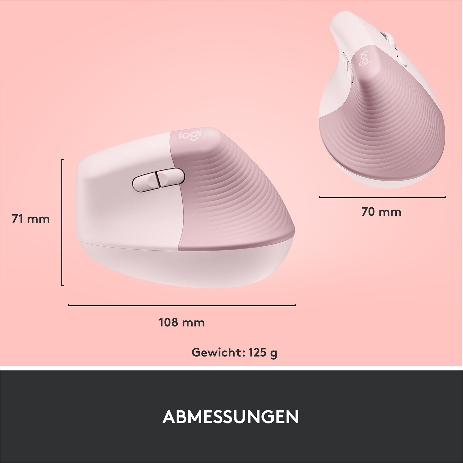 Eine weiße und rosa Computermaus. Die Maus hat Abmessungen und Gewichtsangaben.