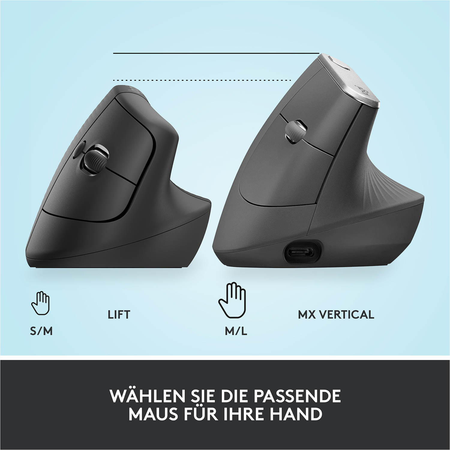 Zwei vertikale ergonomische Computer-Mäuse, schwarz, mit Textbeschriftungen und Hand-Icons.