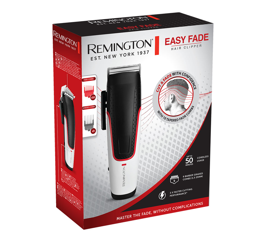 Doos met Remington tondeuse. Zwarte en witte tondeuse aan de voorkant. Easy Fade staat op de doos.