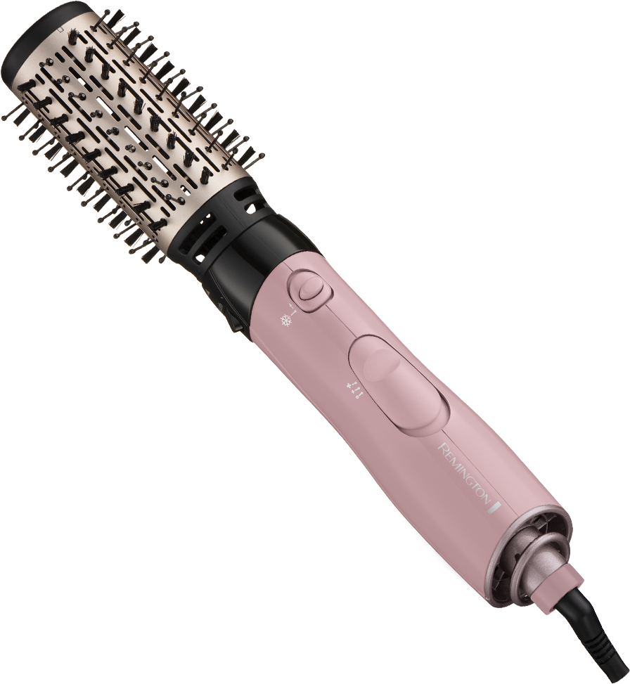 Roze föhnborstel met zwarte handgreep en ronde borstelkop. Heeft knoppen en snoer.