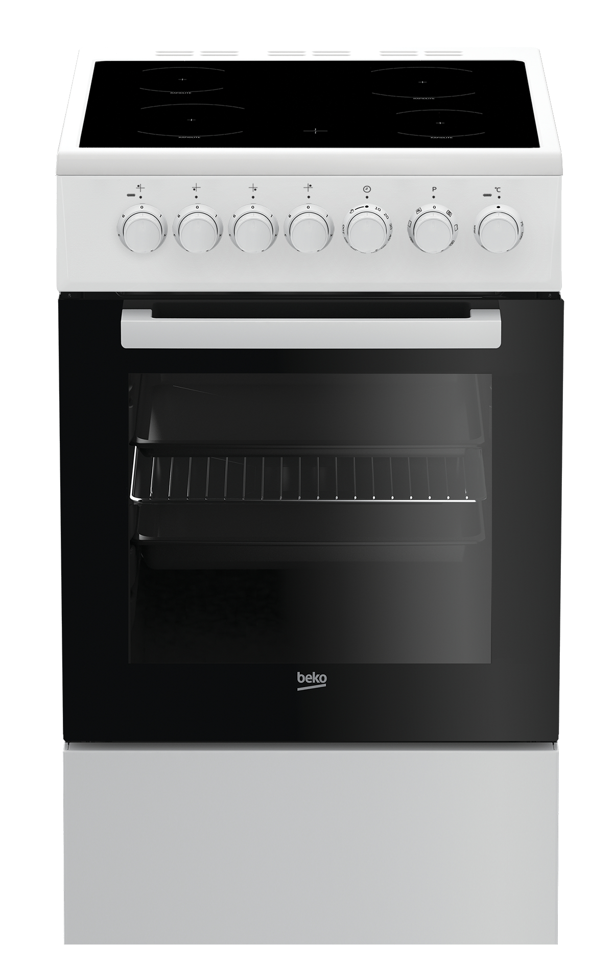 Ein weißer elektrischer Beko-Herd mit schwarzem Glaskochfeld und Backofentür. Die Bedienknöpfe sind weiß. Der Ofen hat ein Metallgestell.