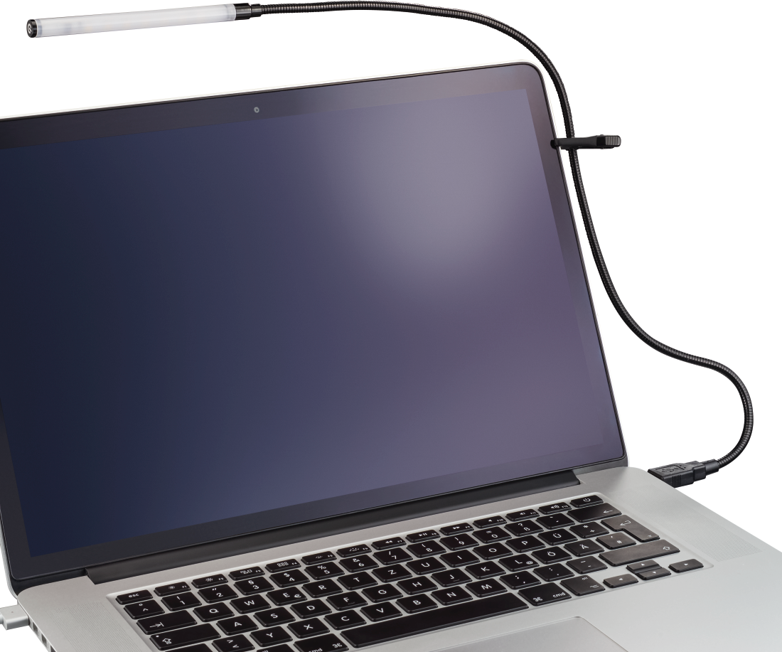 Laptop mit flexibler Leuchte. Das Licht ist weiß und lang.