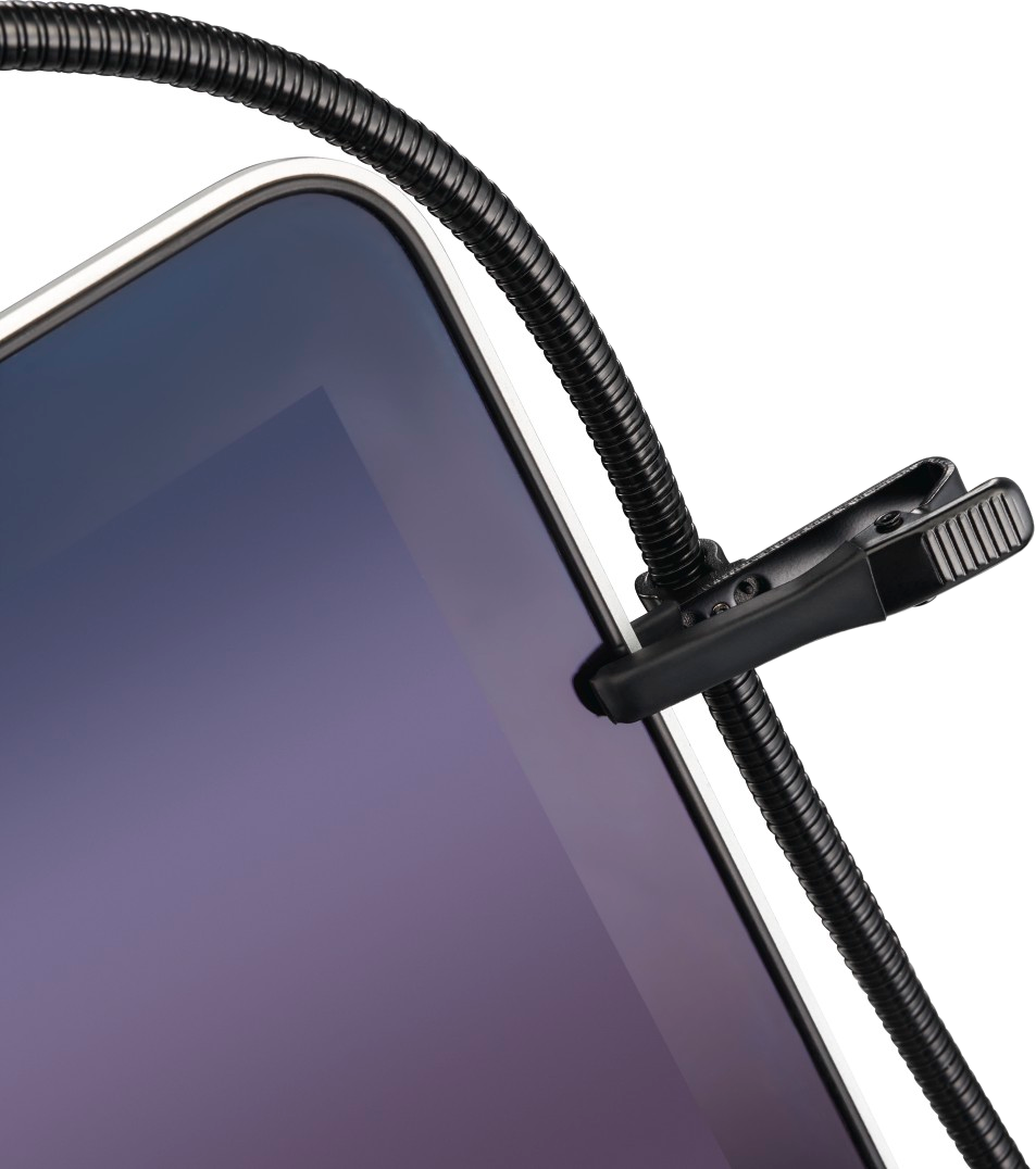 Ein flexibler schwarzer Tablethalter mit Clip.