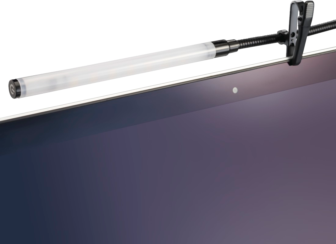 Laptop mit einer Lichtleiste oben befestigt. Die Lichtleiste ist weiß und erstreckt sich über den Bildschirm.