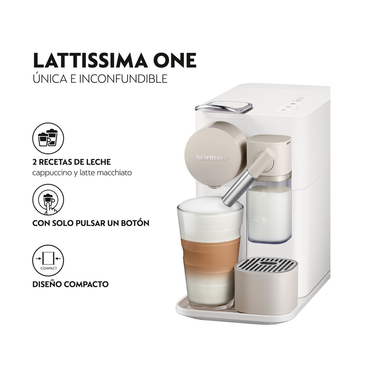 Una máquina Nespresso Lattissima One blanca con un vaso de café. Tiene texto que dice Lattissima One.