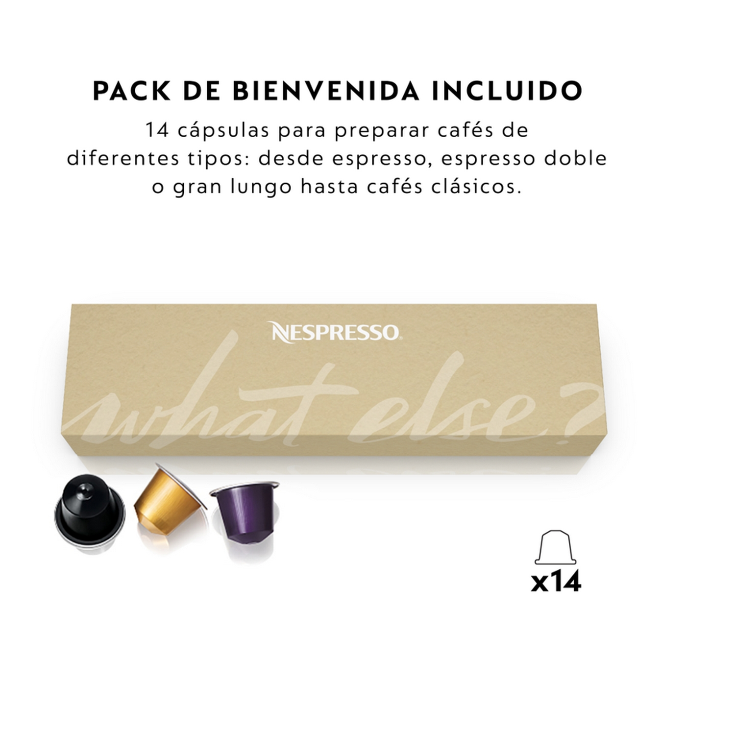 Una caja con cápsulas de café. La caja tiene texto en español. Las cápsulas son visibles junto a ella.