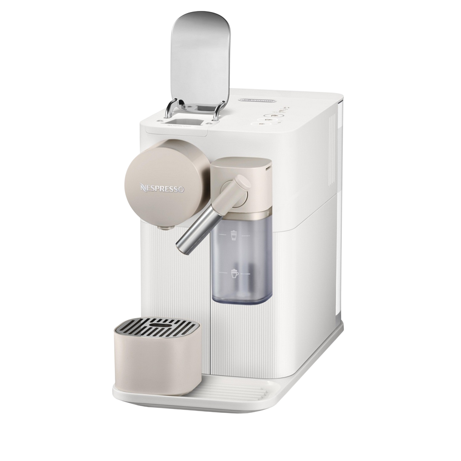 Máquina de café Nespresso blanca y beige. Incluye un depósito de agua y una boquilla de café.