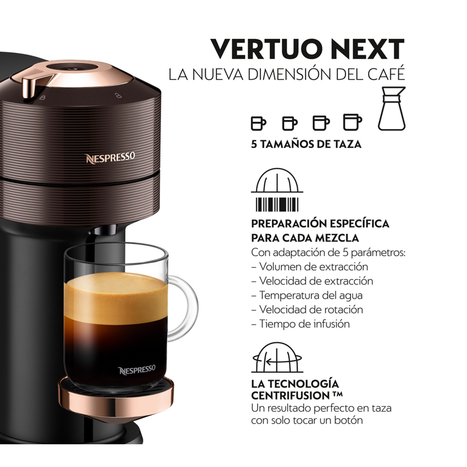 Cafetera Nespresso Vertuo Next con un vaso de café. El texto muestra 5 tamaños de taza y otras características.