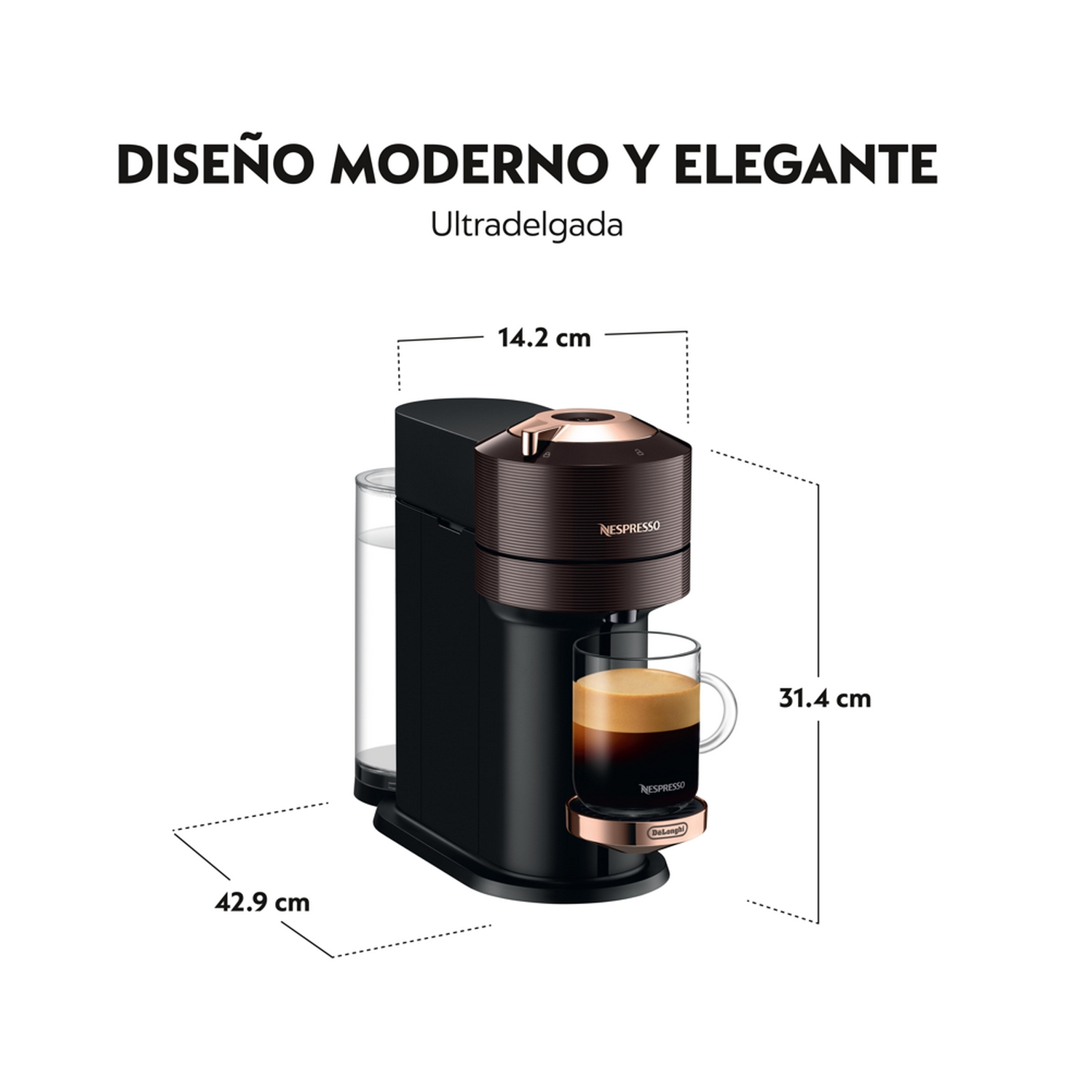 Cafetera Nespresso negra y bronce con dimensiones etiquetadas.