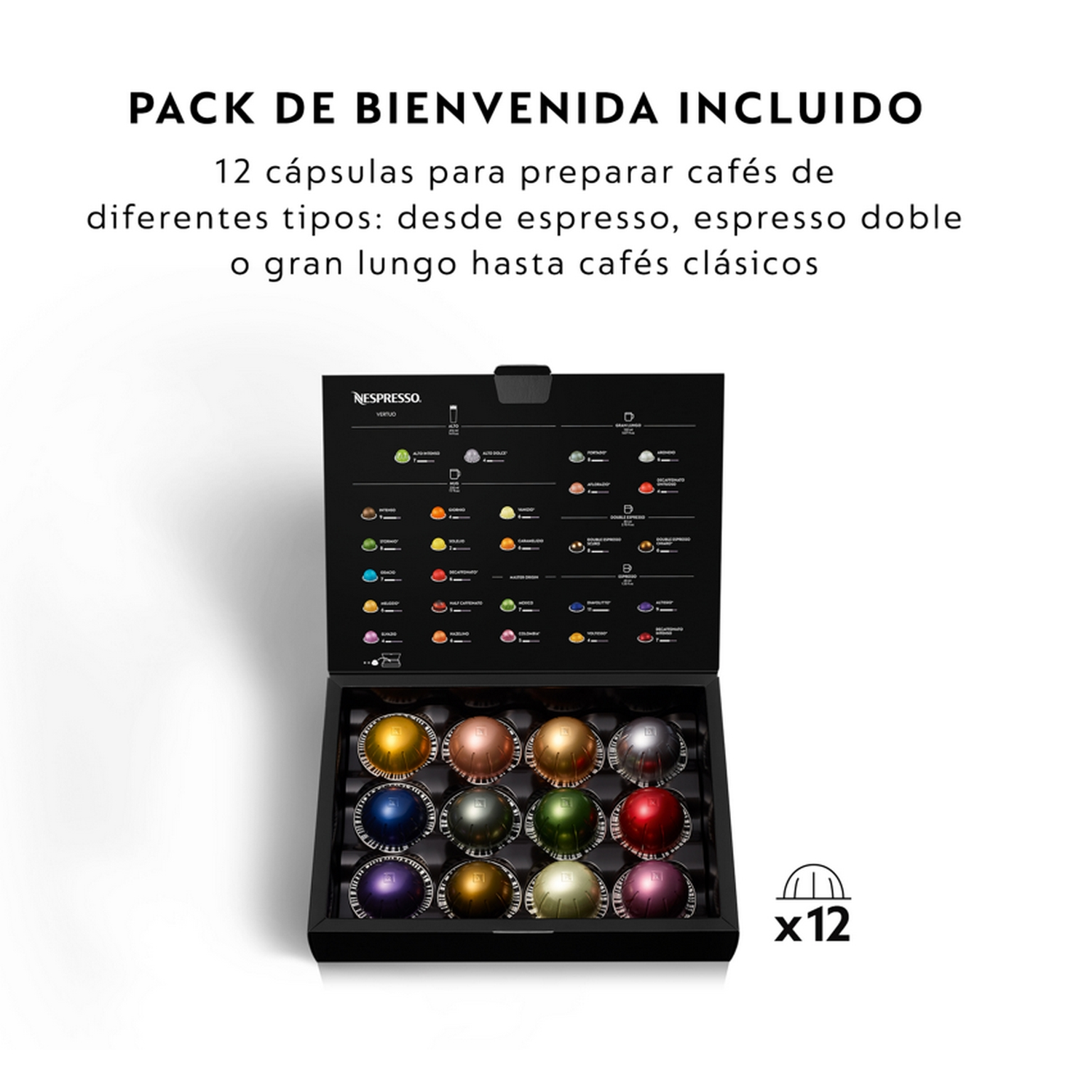 Una caja negra con cápsulas de café Nespresso. La caja contiene 12 cápsulas de varios colores.